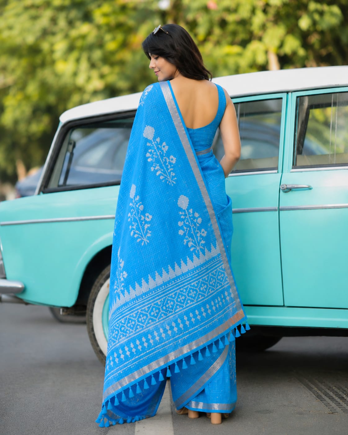 Hand Block Printed Kota Doria Sarees- Turquoise Charm