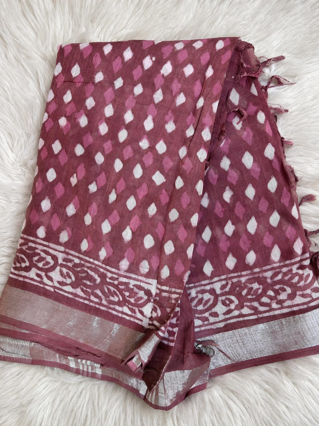 Block Print Saree with Zari Border-Dazzling Burgandy
