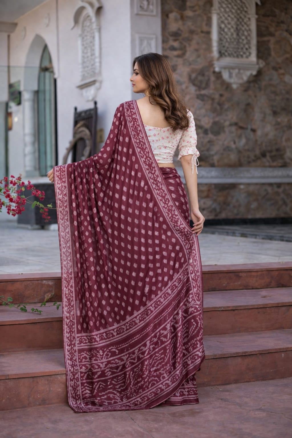 Block Print Saree with Zari Border-Dazzling Burgandy