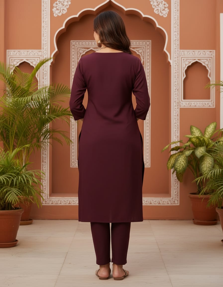 Cotton embroidered everyday co-ord set-Gorgeous Wine