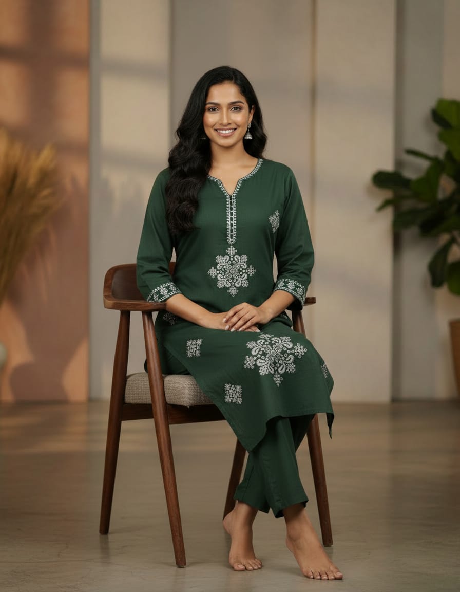 Cotton Embroidered everyday cord set-Moss Green