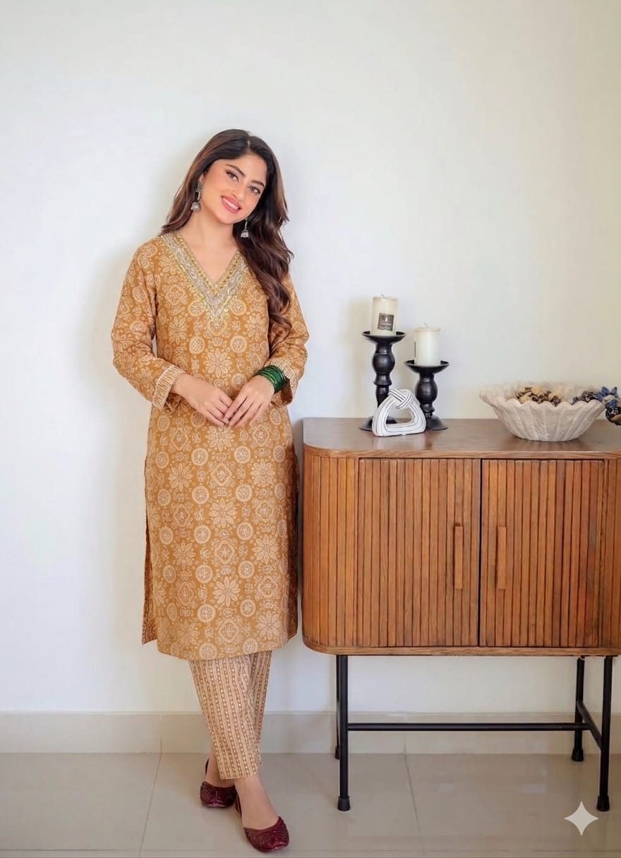 Cotton Floral Printed Co-ord Set- Amber Ochre