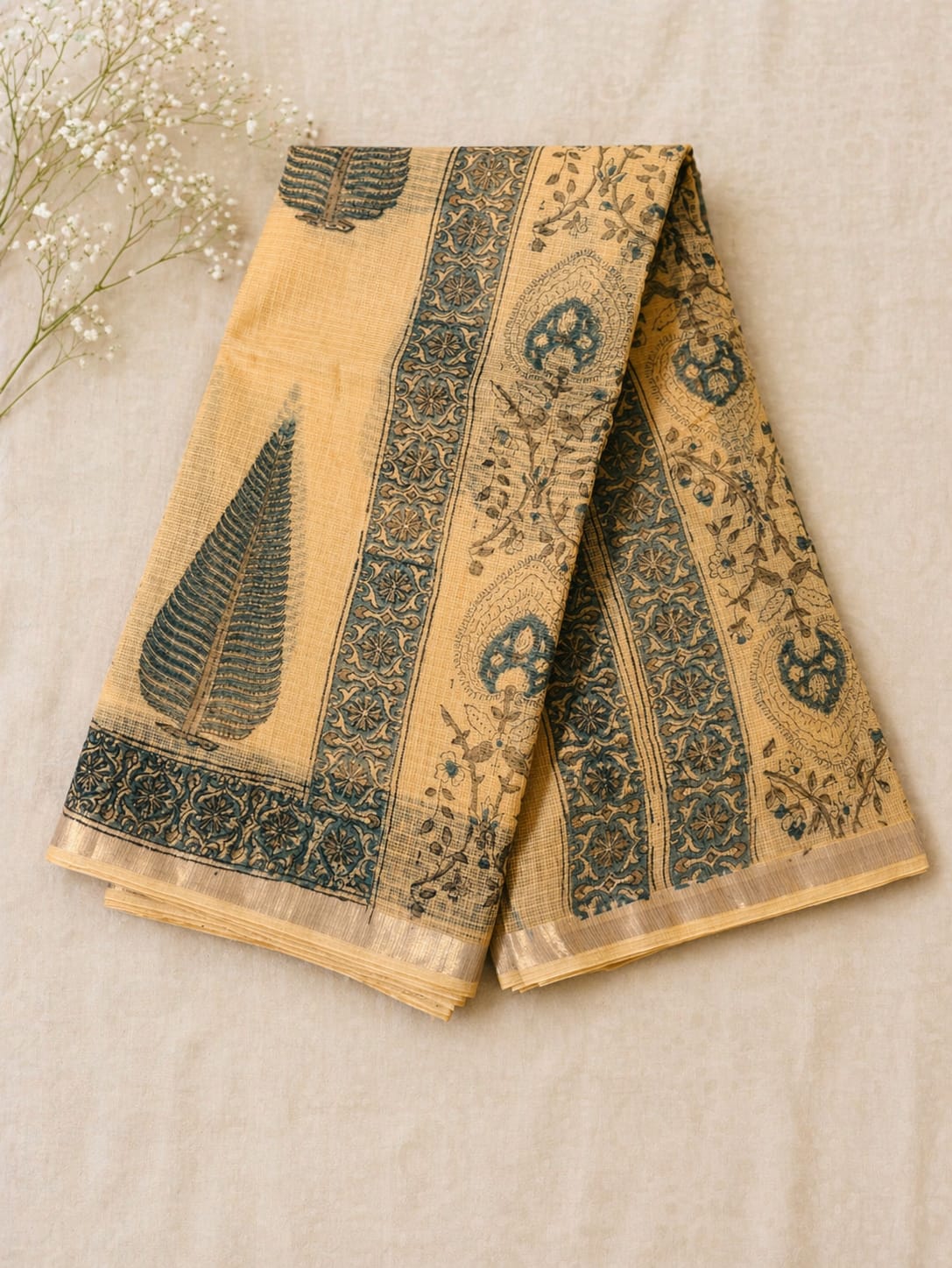 Hand Block Printed Kota Doria Sarees- Pale Yellow