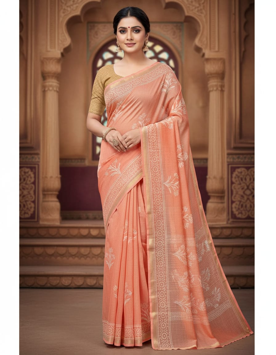 Hand Block Printed Kota Doria Sarees- Subtle Peach
