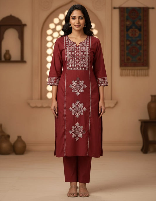 Cotton Embroidered everyday cord set-Sparkling Merlot