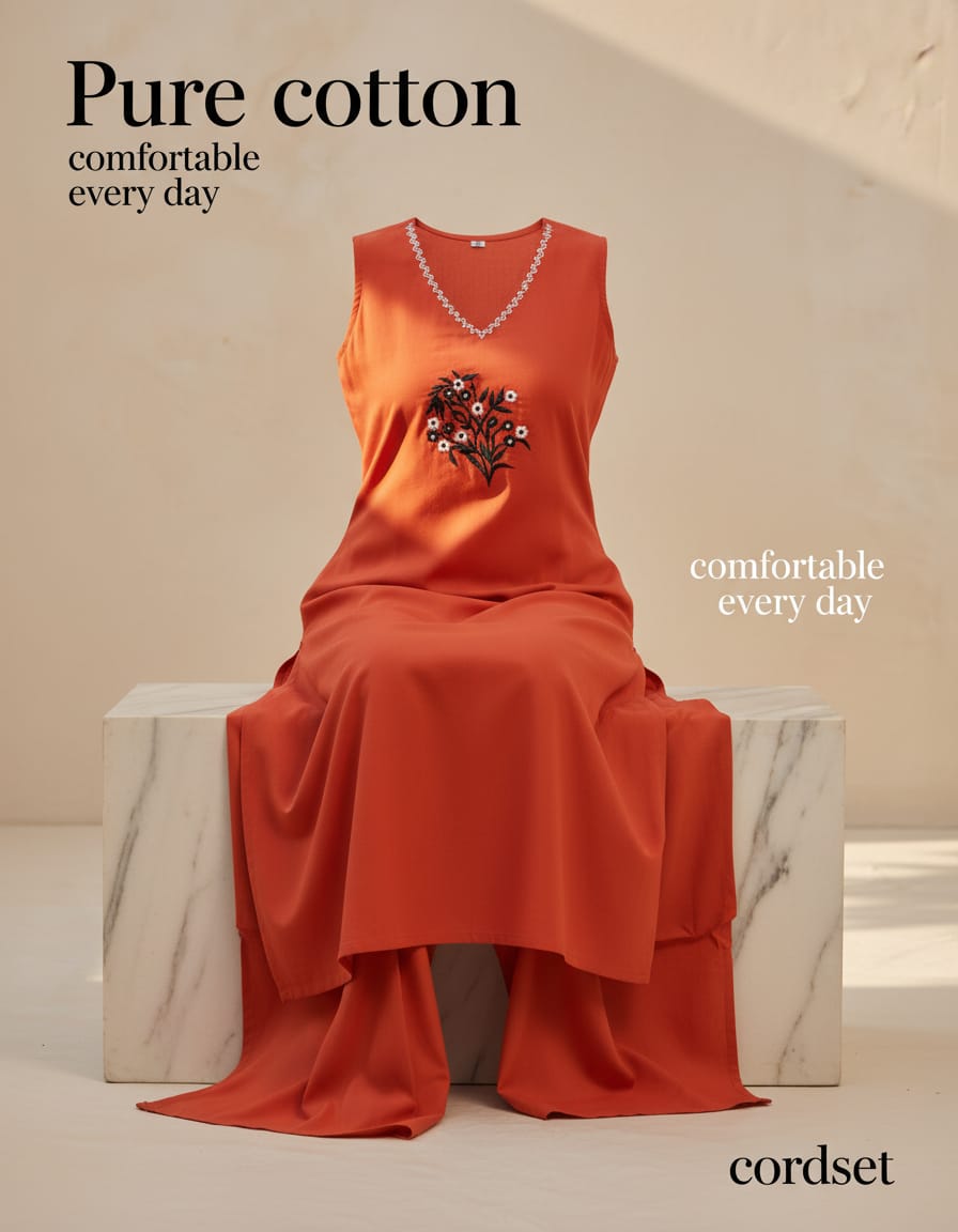 Cotton V neck Embroidered everyday cord set- Vibrant Orange
