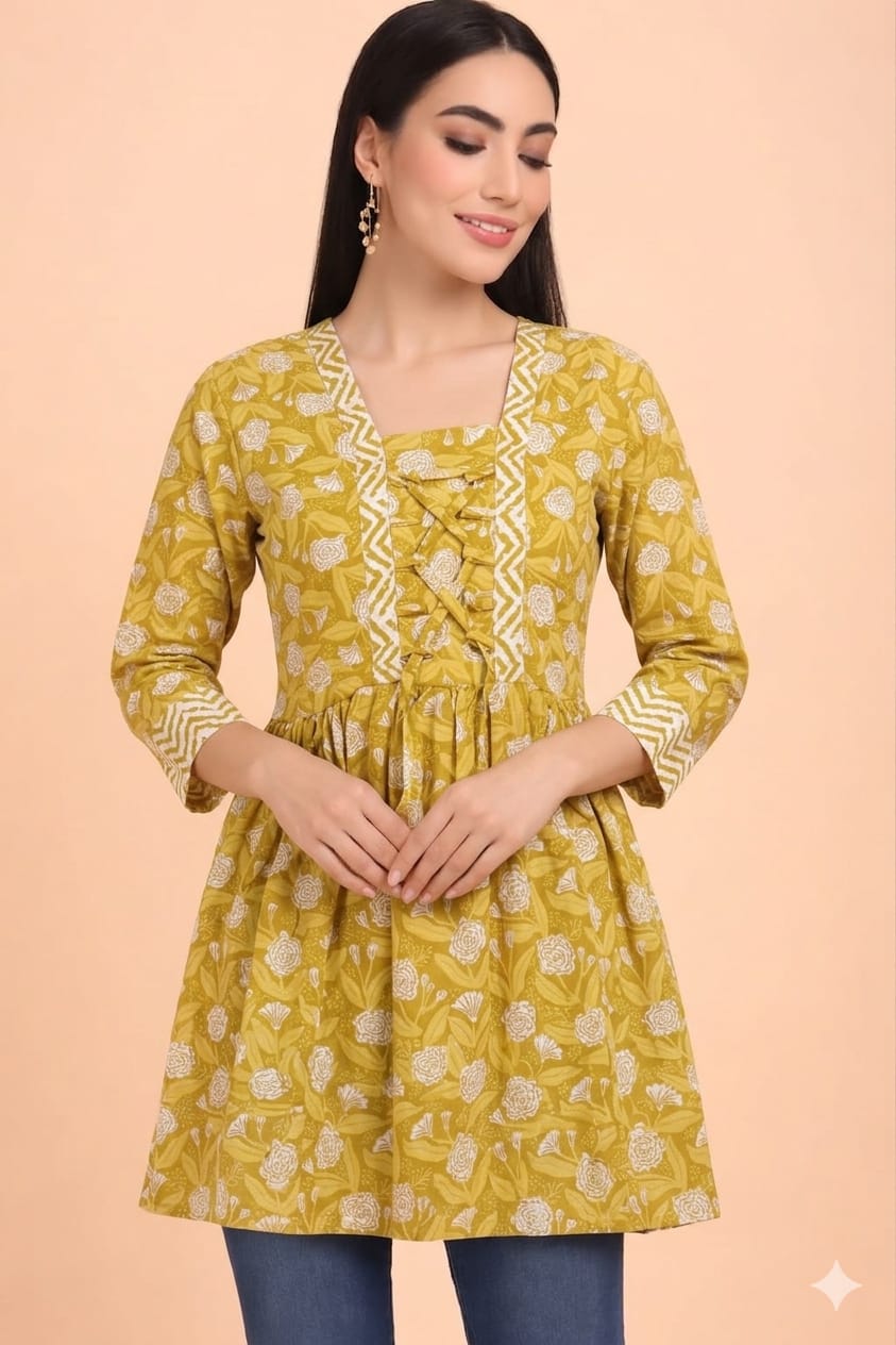 Cotton Flared Summer Kurti-Mustard Yellow