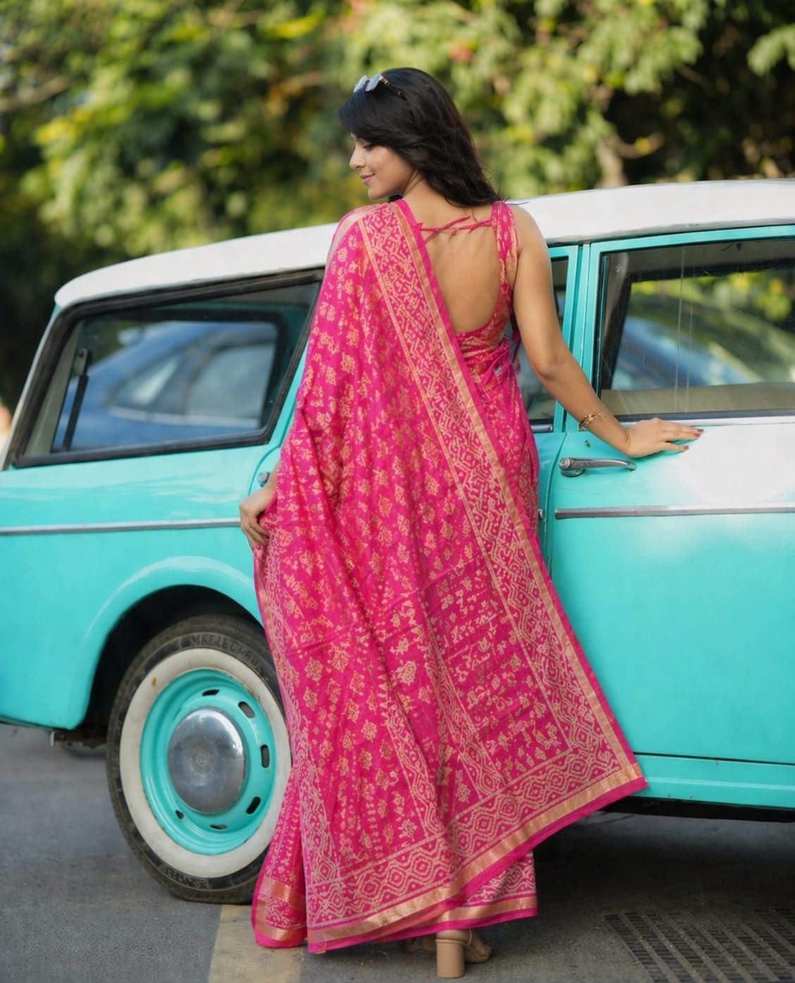Hand Block Printed Kota Doria Sarees- Intense Pink