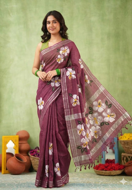 Hand Brush Print Saree with Zari Border-Dusty Pink