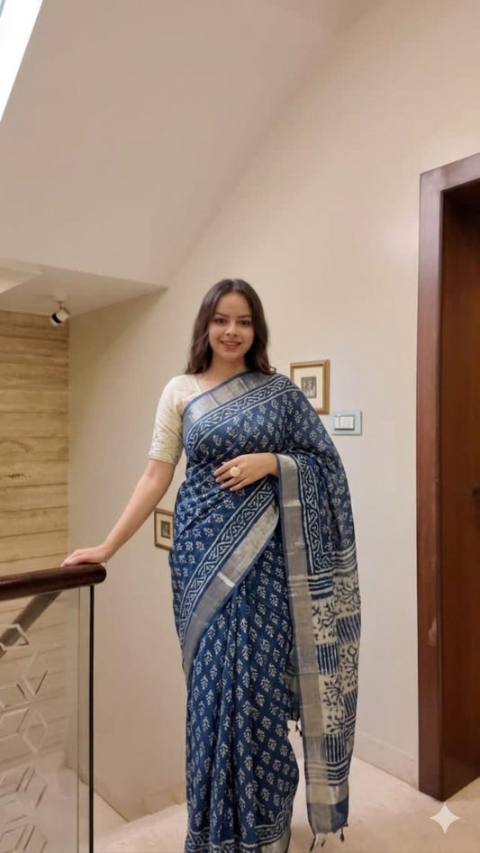 Block Print Saree with Zari Border-Indigo Magic
