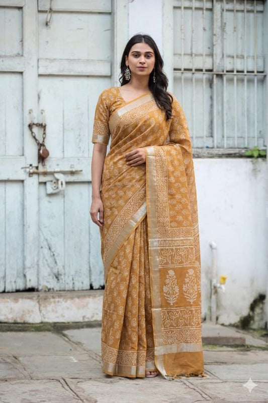 Block Print Saree with Zari Border-Mustard Yellow