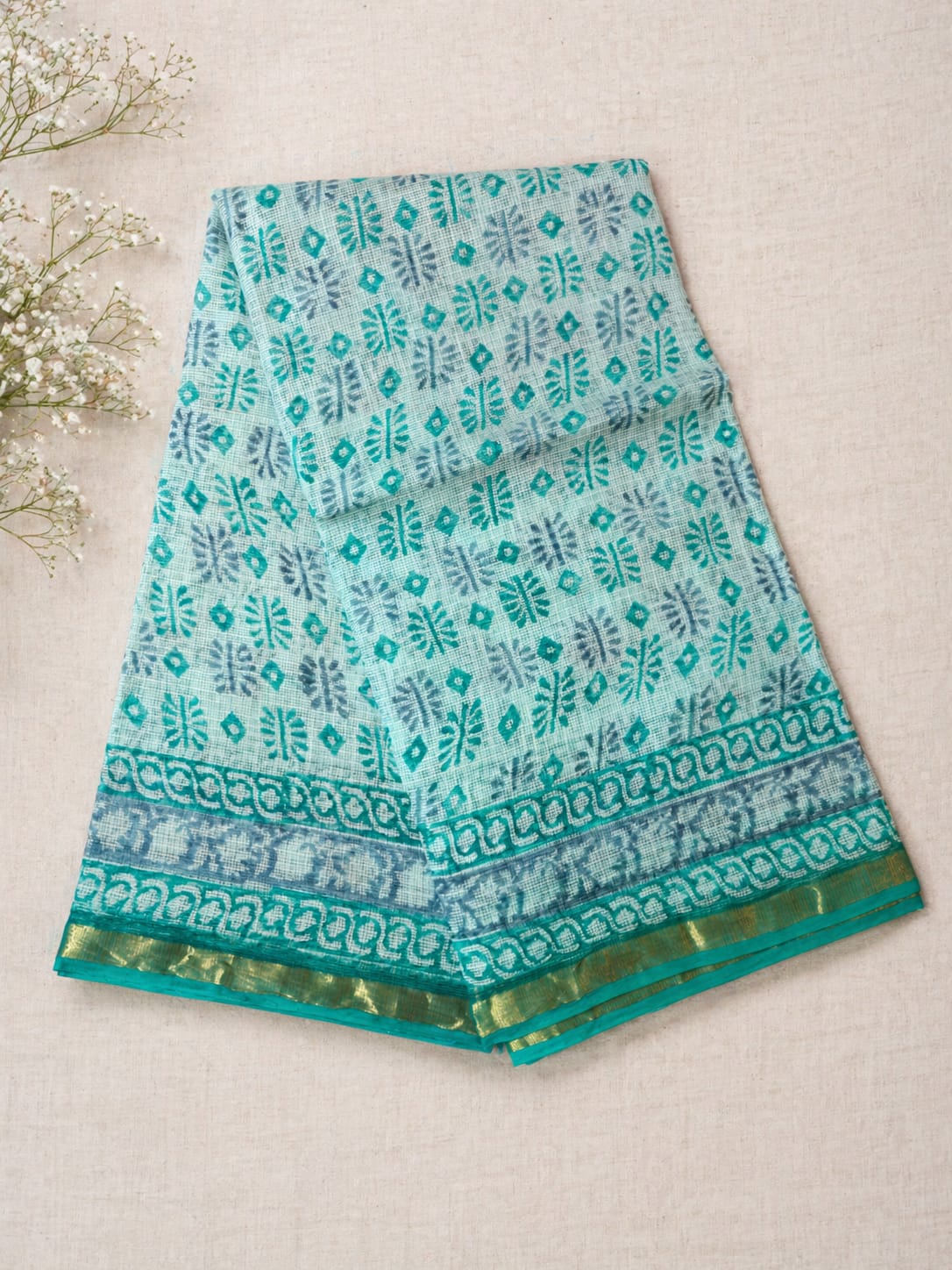 Hand Block Printed Kota Doria Sarees- Light Green
