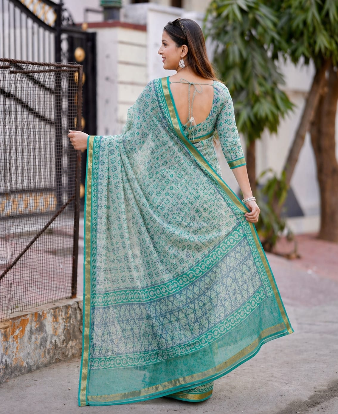 Hand Block Printed Kota Doria Sarees- Light Green