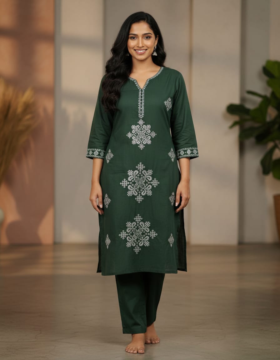 Cotton Embroidered everyday cord set-Moss Green