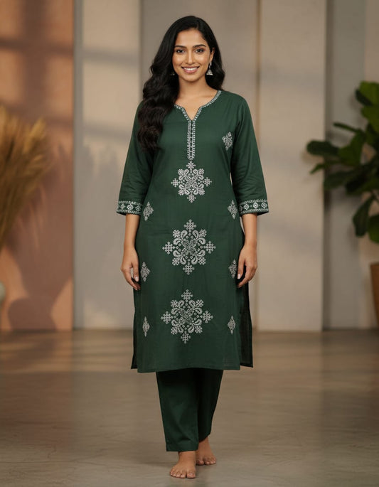 Cotton Embroidered everyday cord set-Moss Green