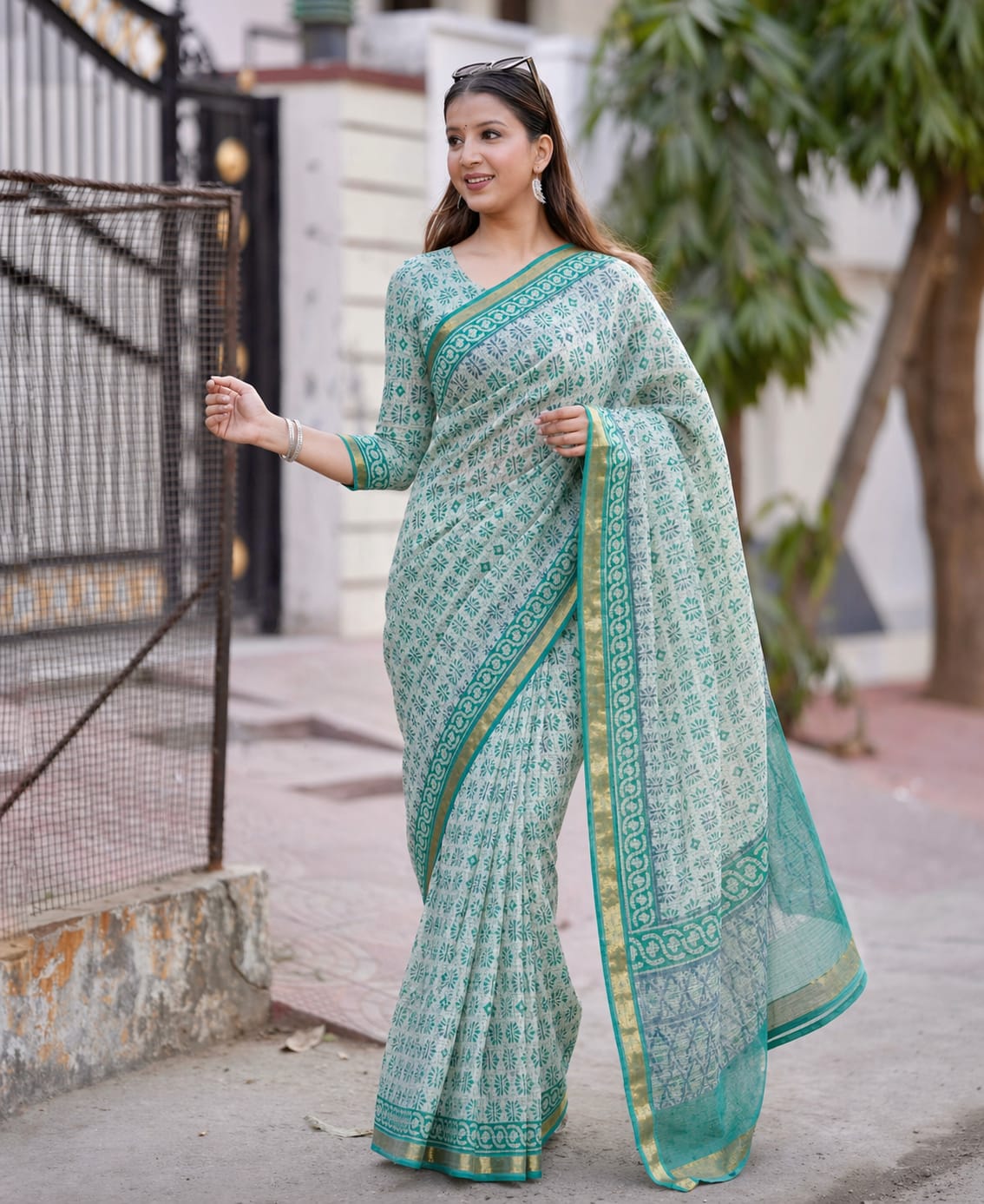 Hand Block Printed Kota Doria Sarees- Light Green