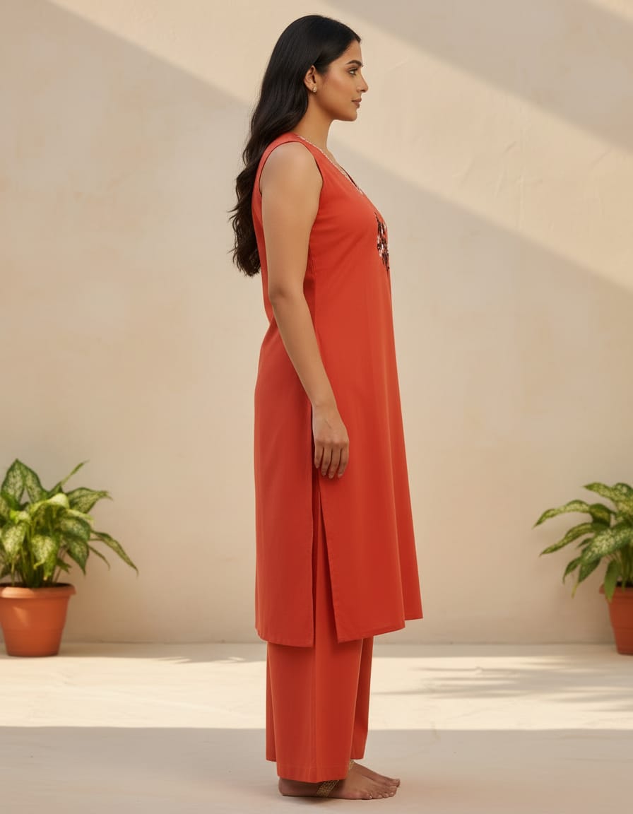 Cotton V neck Embroidered everyday cord set- Vibrant Orange