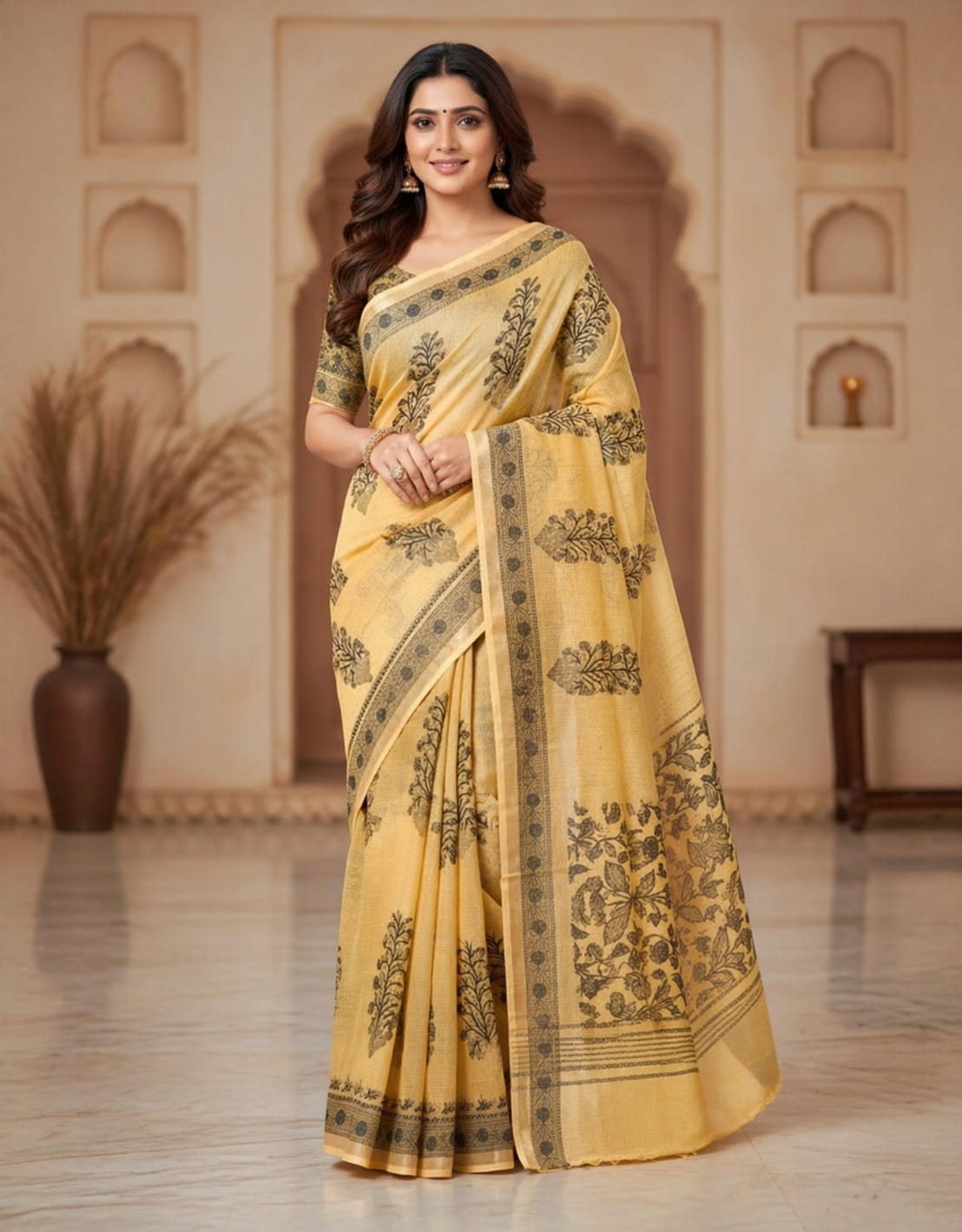 Hand Block Printed Kota Doria Sarees- Soft Yellow