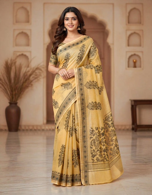 Hand Block Printed Kota Doria Sarees- Soft Yellow