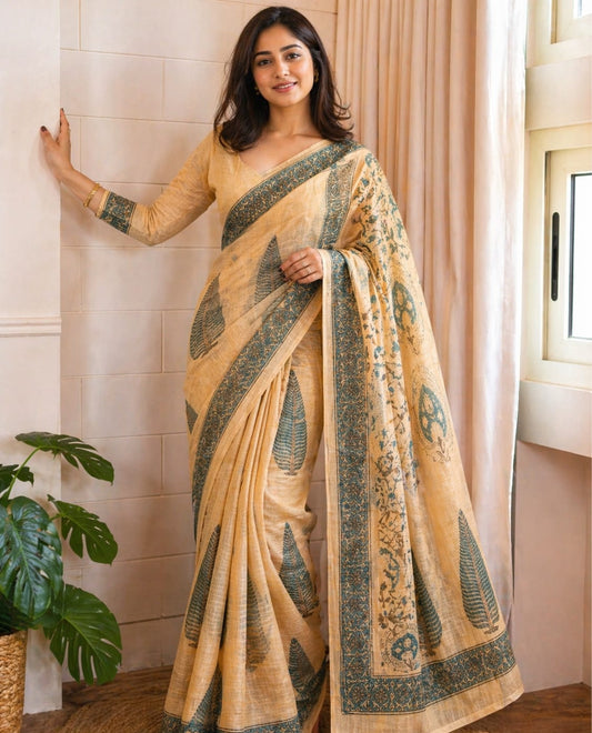 Hand Block Printed Kota Doria Sarees- Pale Yellow