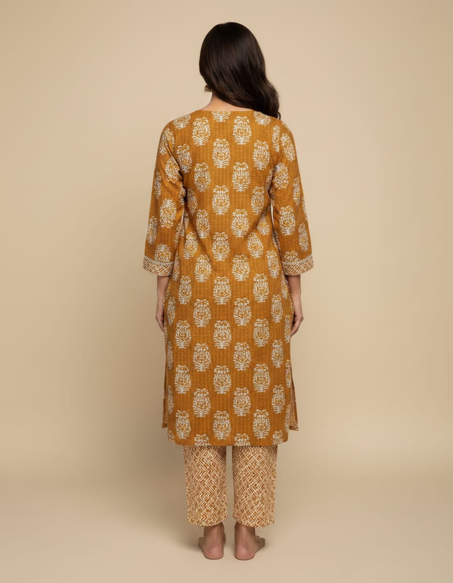 Cotton Floral Printed Co-ord Set-Ochre Yellow