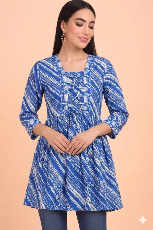 Cotton Flared Summer Kurti-Cobalt Blue