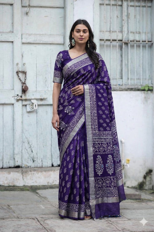 Block Print Saree with Zari Border-Pretty Purple