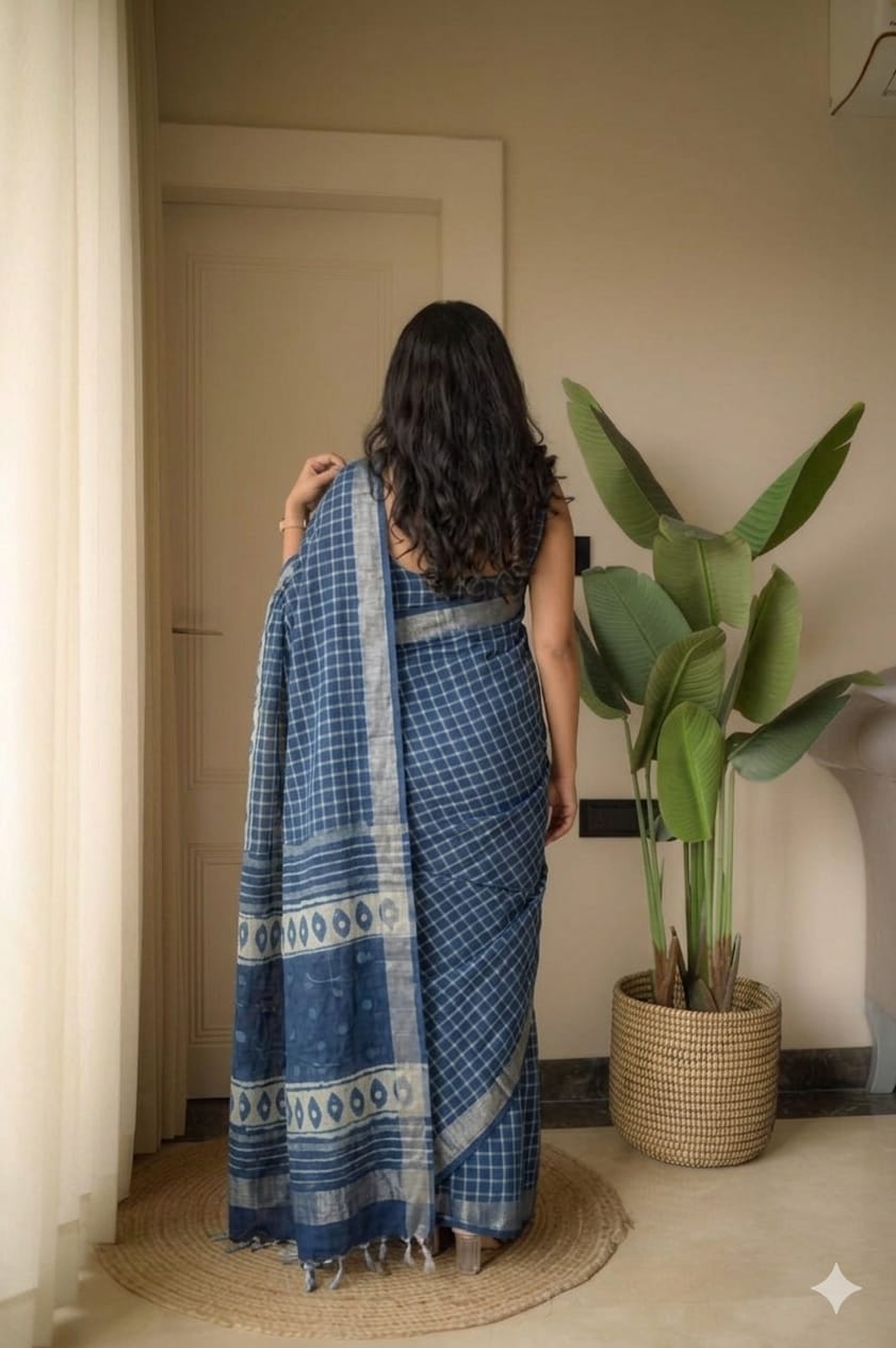 Block Print Saree with Zari Border- Indigo