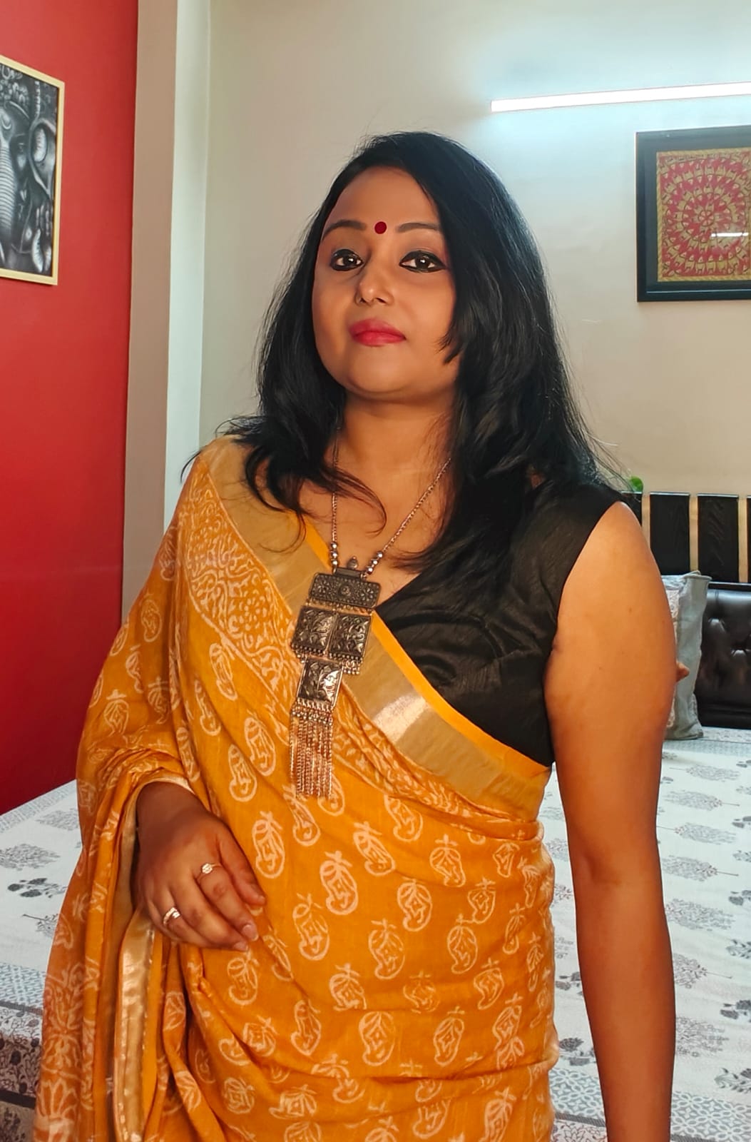 Mustard Yellow Block Print Saree with Zari Border | Shop By Abhinetri