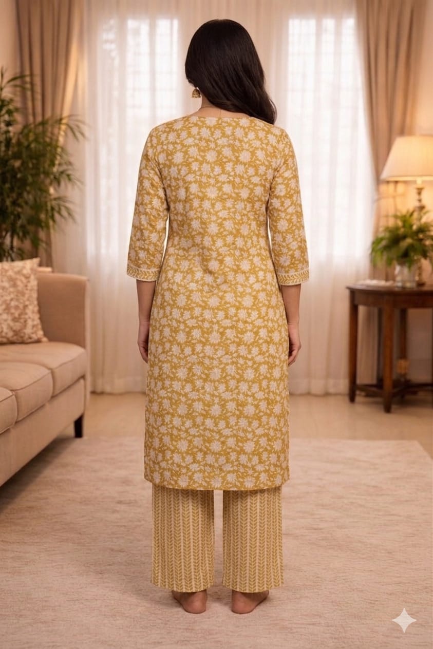 Cotton Floral Printed Co-ord Set- Golden Dust