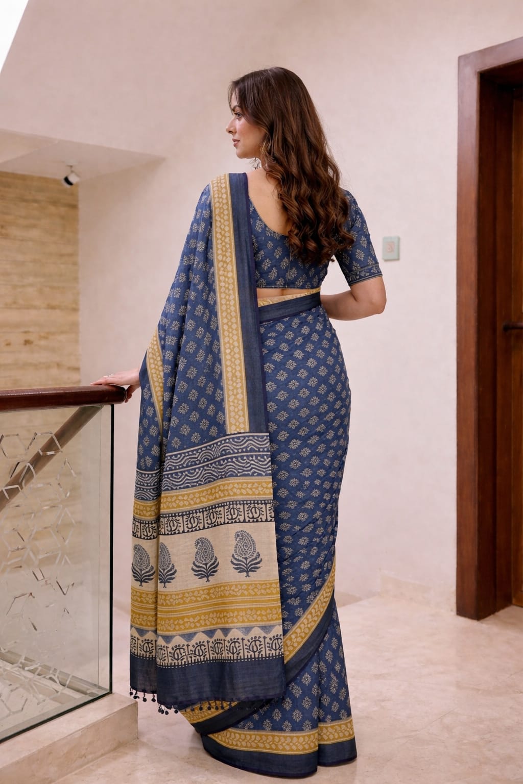 Block Print Saree with Zari Border-Prussian Blue