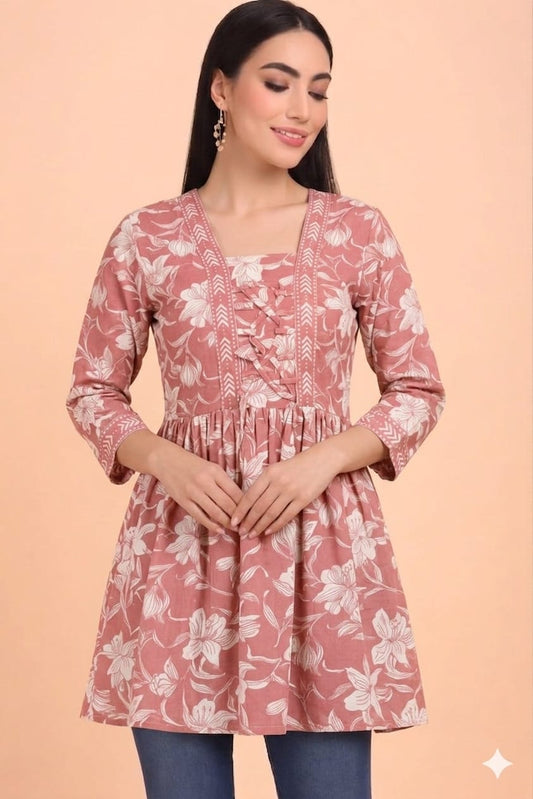 Cotton Flared Summer Kurti-Dusty Pink