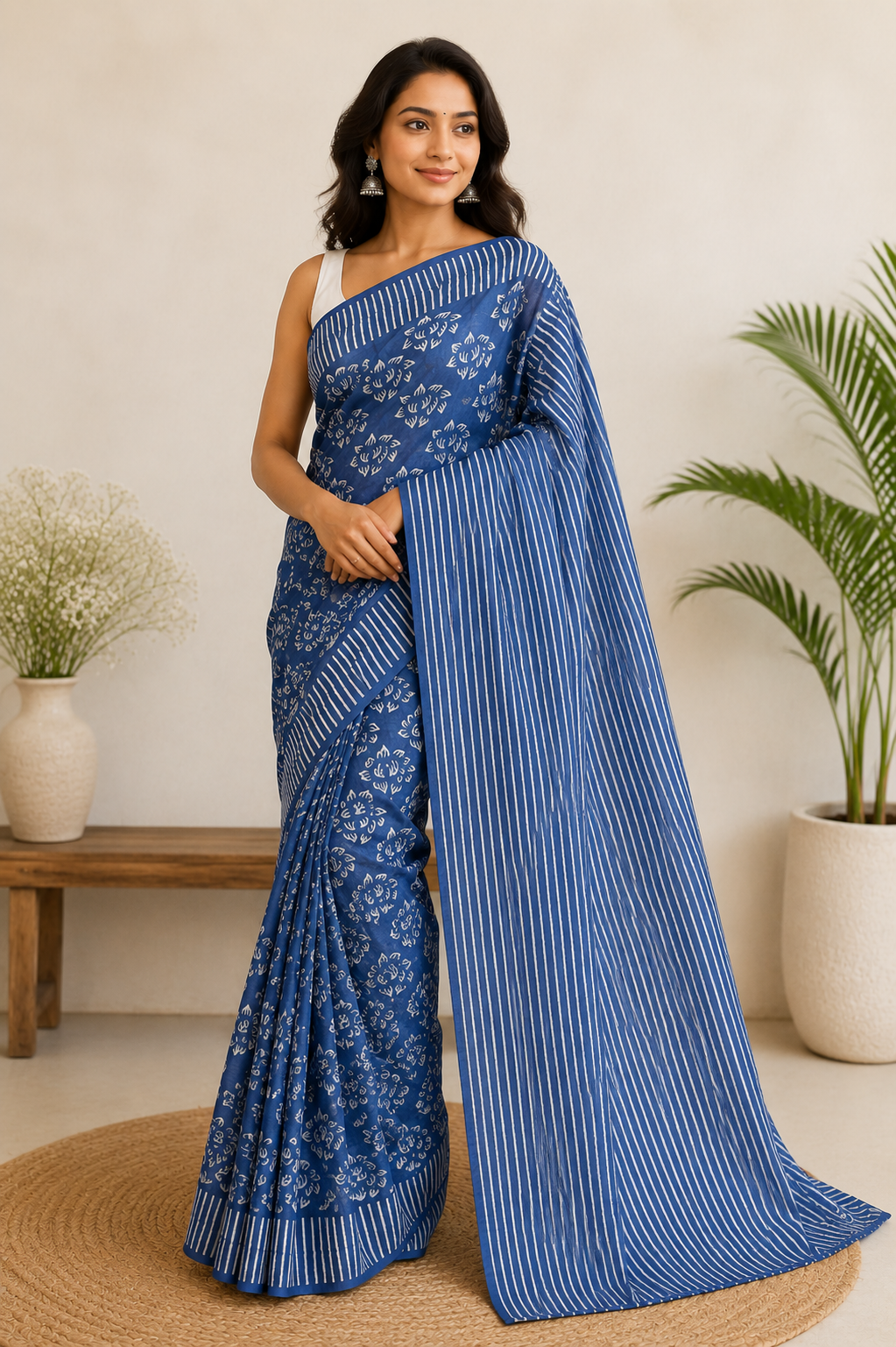 Bright Lavender Lotus Block Print Mul Cotton Saree | Shop By Abhinetri