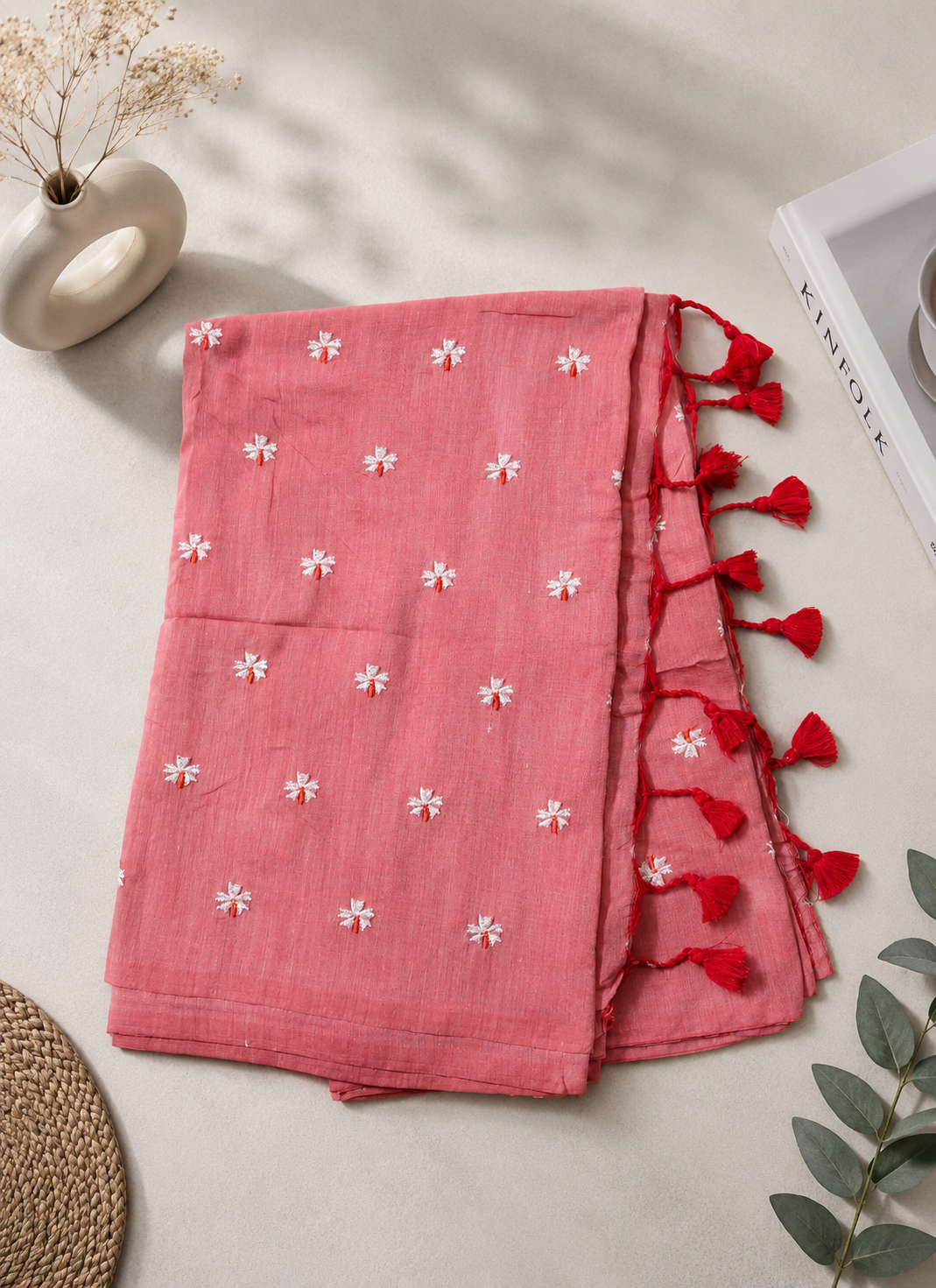 Pink Floral Embroidered Khadi Cotton Saree | Shop By Abhinetri