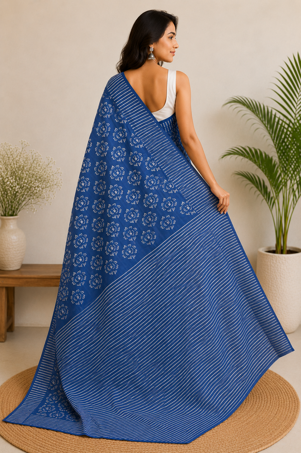 Bright Lavender Lotus Block Print Mul Cotton Saree | Shop By Abhinetri