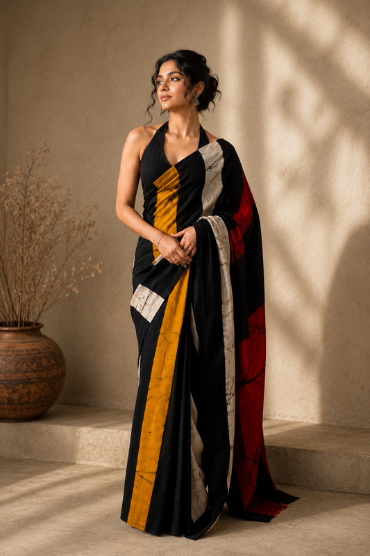 Multi Stripes Block Print Mul Cotton Saree | Shop By Abhinetri