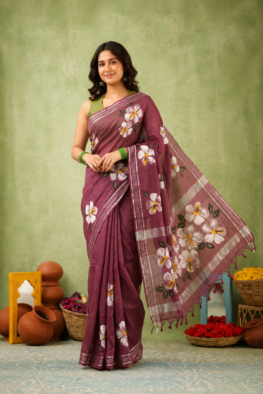 Dusty Pink Hand Painted Linen Saree | Shop By Abhinetri