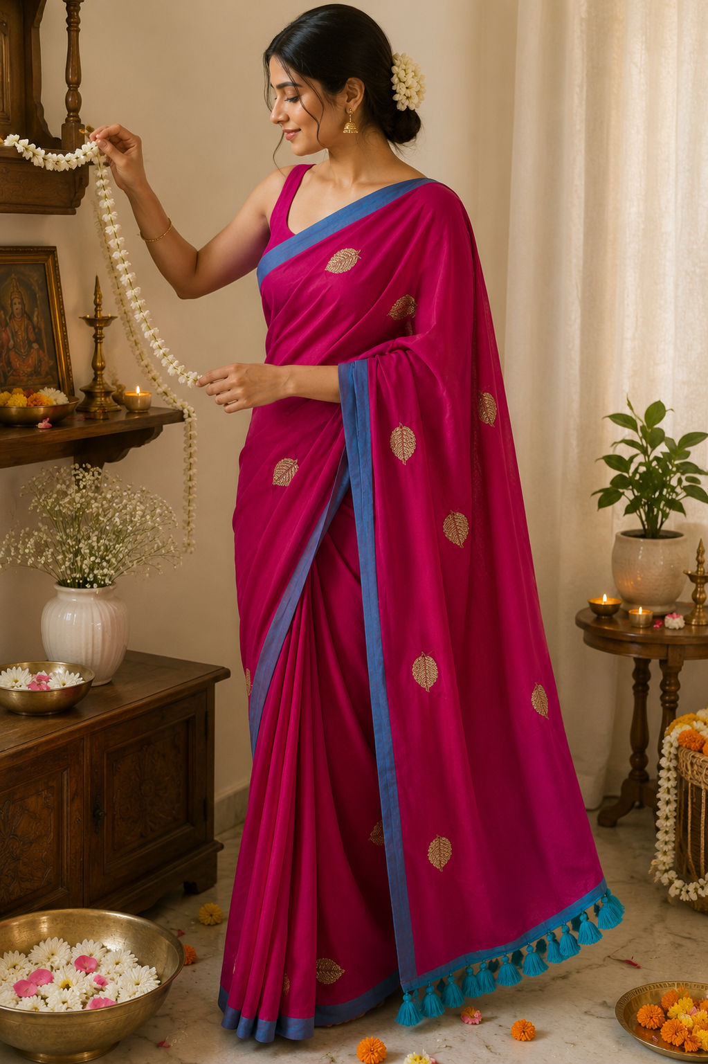 Striking Fuchsia Leaf Sequin Mulmul Cotton Saree | Shop By Abhinetri