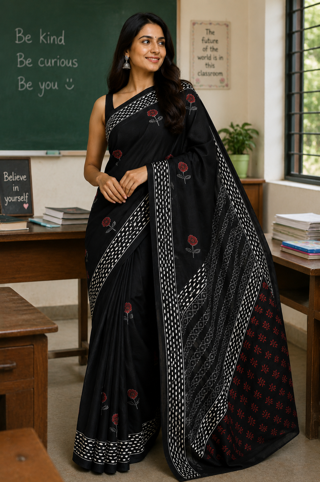Ebony Black Floral Block Print Mul Cotton Saree | Shop By Abhinetri