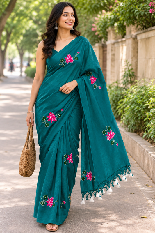 Elegant Teal Lotus Embroidered Khadi Cotton Saree | Shop By Abhinetri