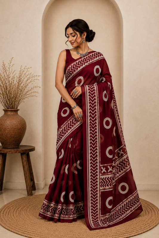 Deep Maroon Geometric Block Print Mul Cotton Saree | Shop By Abhinetri