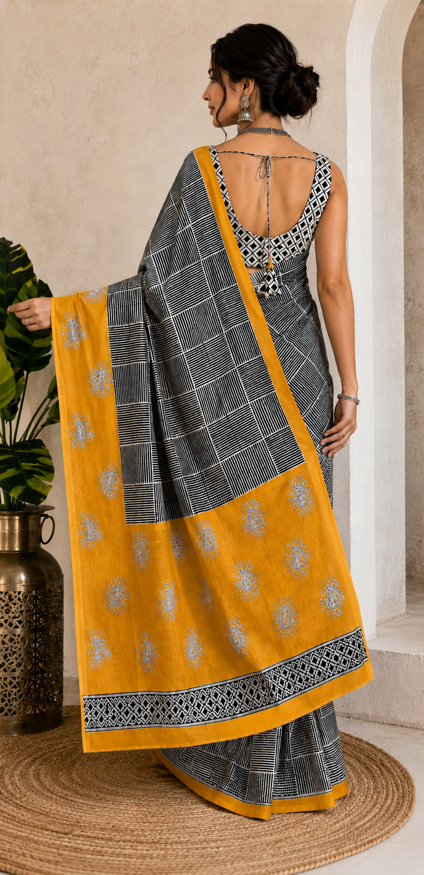 Bright Yellow Block Print Mul Cotton Saree | Shop By Abhinetri