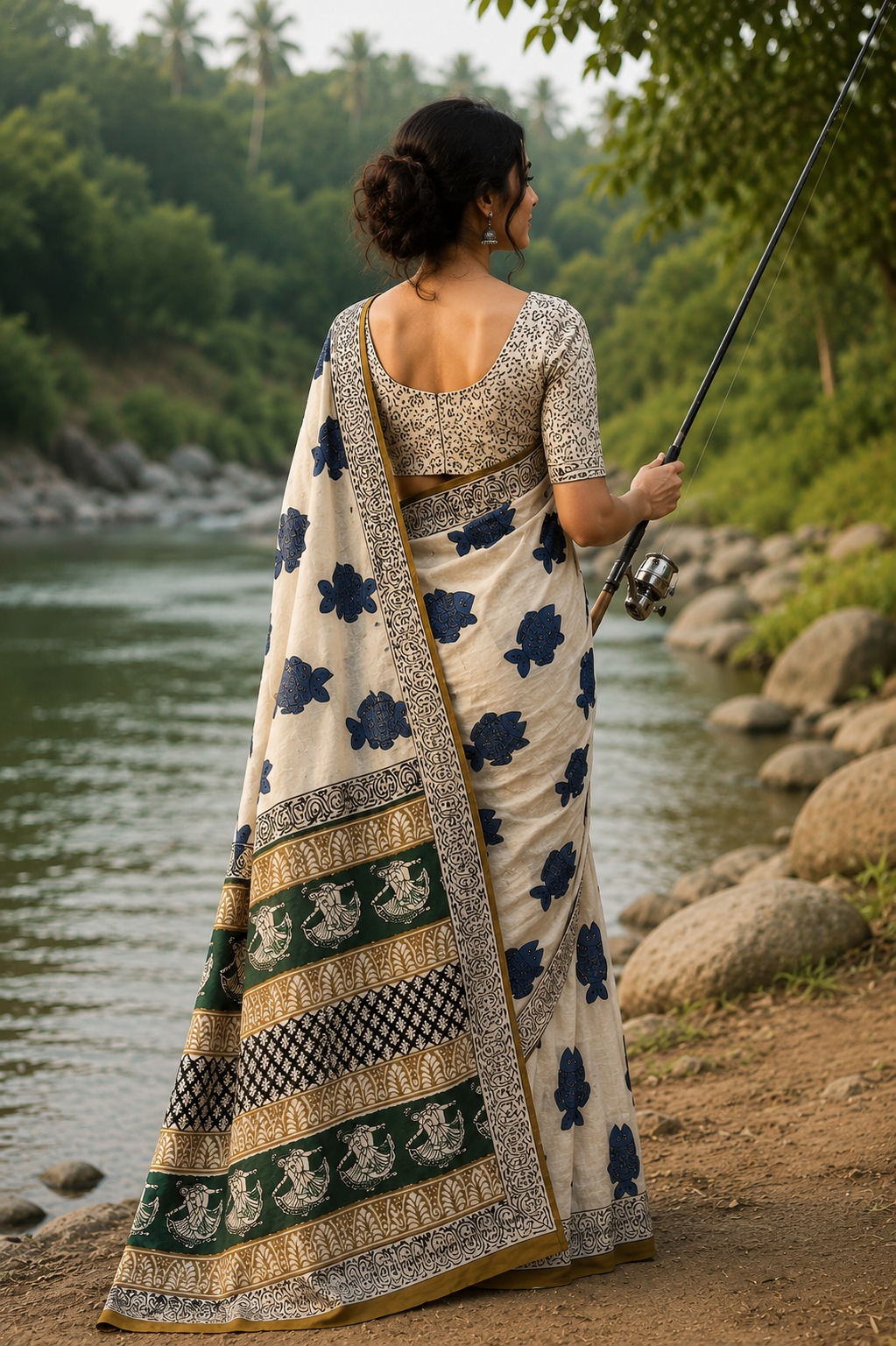 Pearl White Fish Block Print Mul Cotton Saree | Shop By Abhinetri