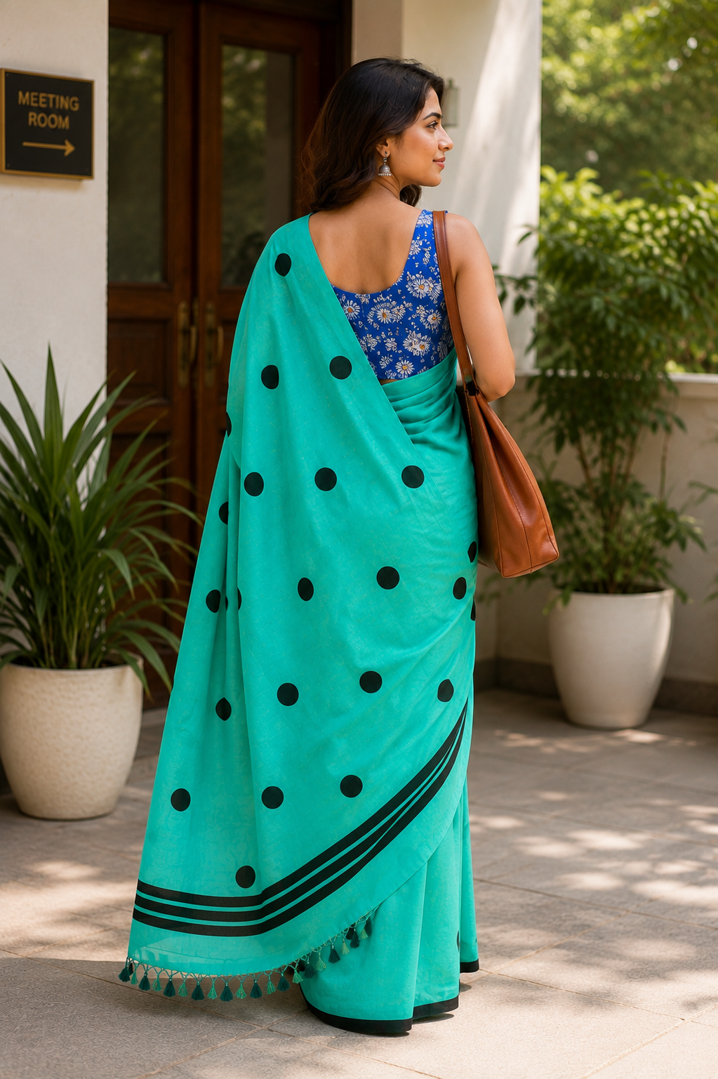 Aqua Blue Polka Dot Khadi Cotton Saree | Shop By Abhinetri