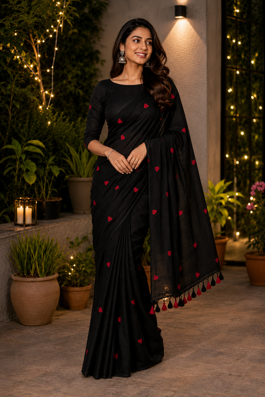 Electic Black Heart Embroidered Khadi Cotton Saree | Shop By Abhinetri