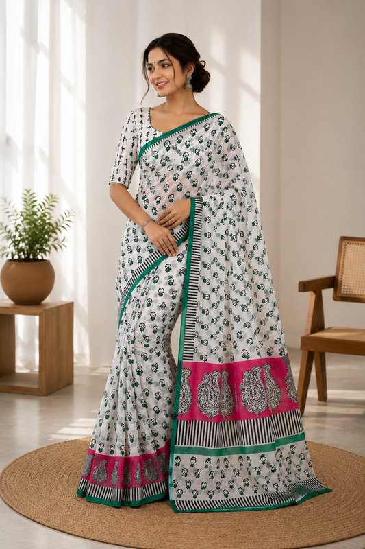 Pearl White Comic Block Print Mul Cotton Saree | Shop By Abhinetri