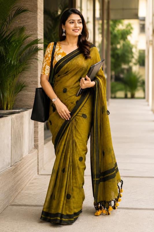 Olive Green Polka Dot Khadi Cotton Saree | Shop By Abhinetri