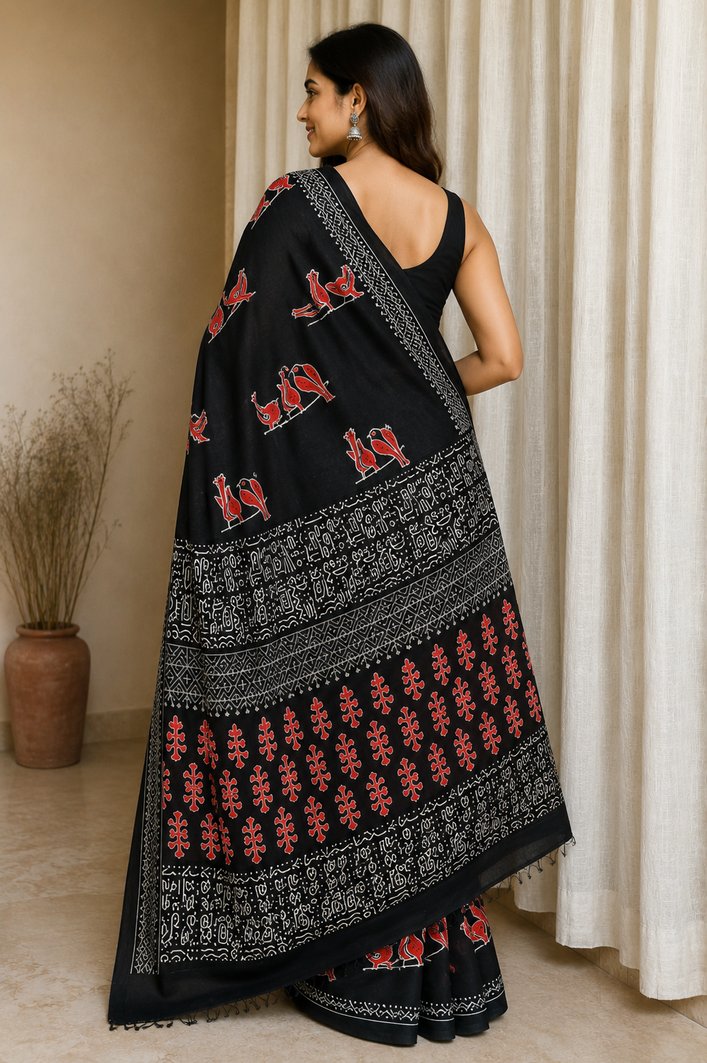 Midnight Black Birds Block Print Mul Cotton Saree | Shop By Abhinetri