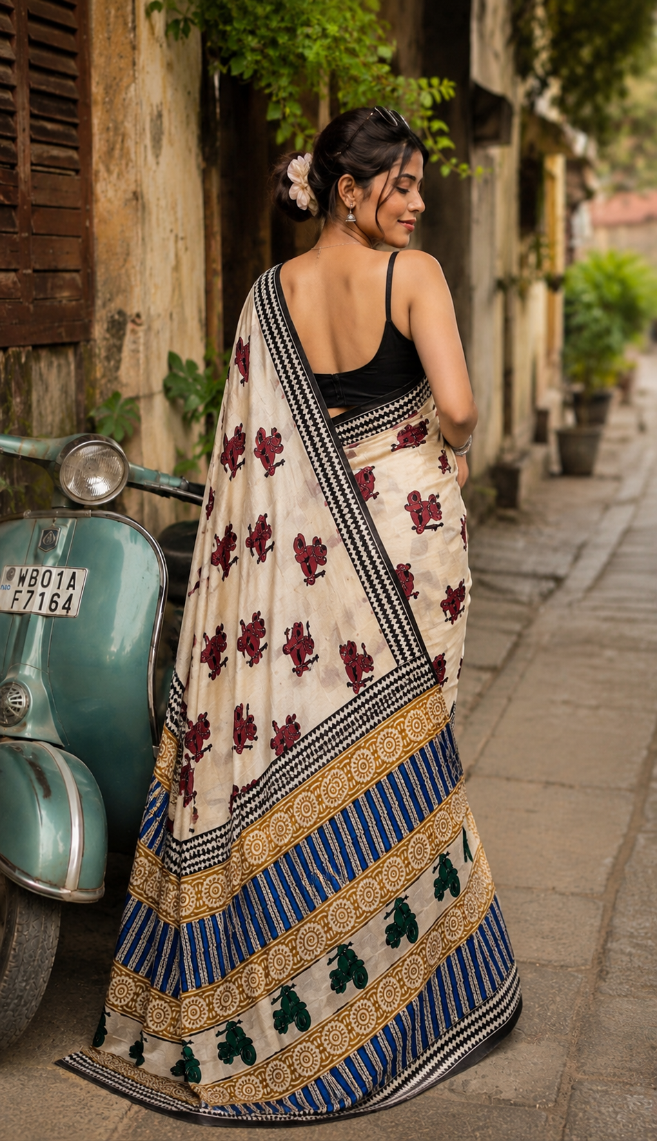 Off White Scooty Block Print Mul Cotton Saree | Shop By Abhinetri