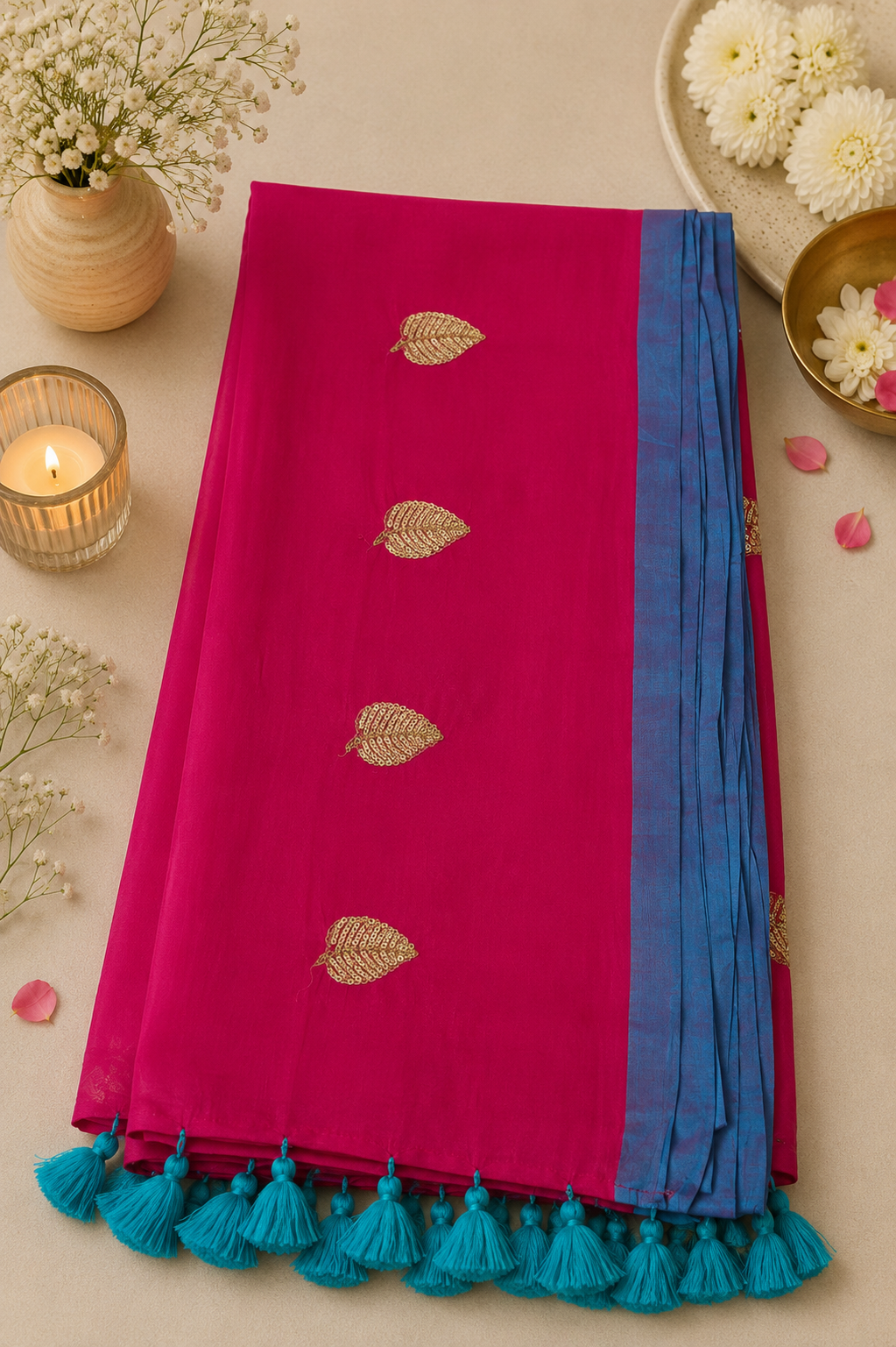 Striking Fuchsia Leaf Sequin Mulmul Cotton Saree | Shop By Abhinetri